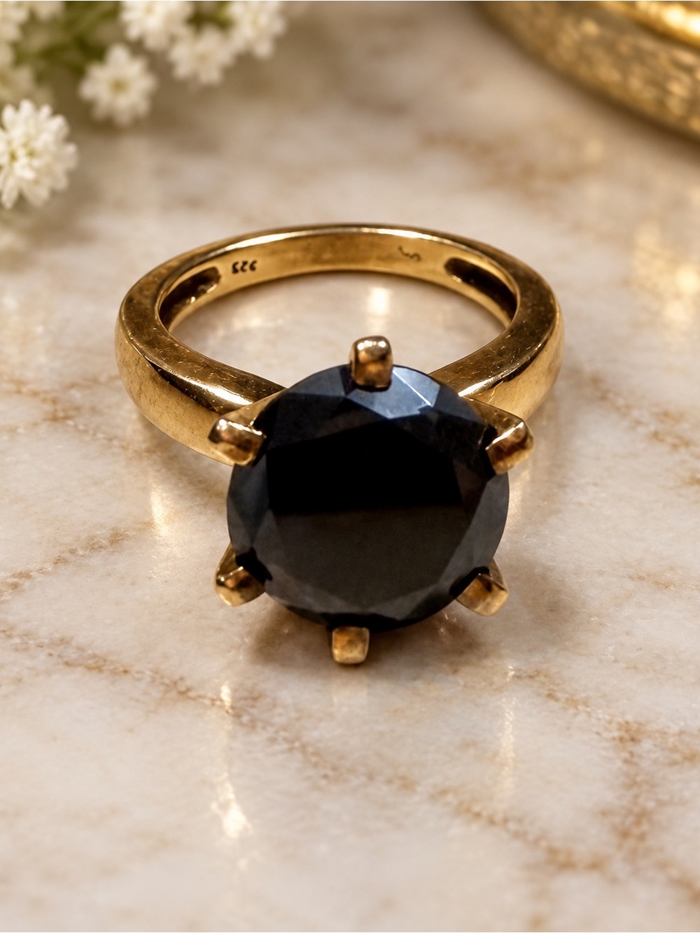 Gold Over 925 Black Diamond Moissanite Ring Size 7 Large Stone
